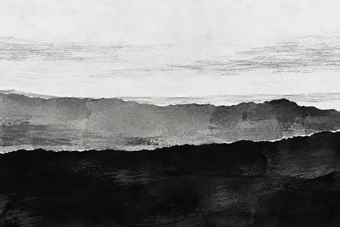 Three stacked horizontal bands with torn edges in black, cream, white, gray; landscape artwork.