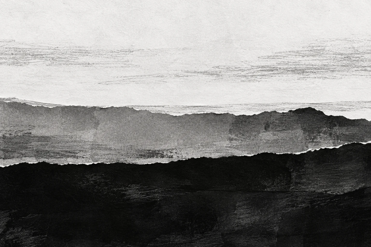 Three stacked horizontal bands with torn edges in black, cream, white, gray; landscape artwork.