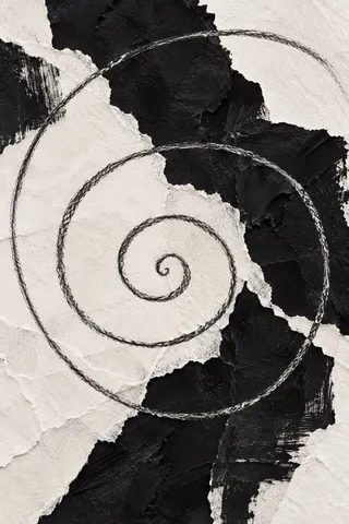 A spiral drawn in one breath in cream, black, charcoal, stone; portrait artwork.