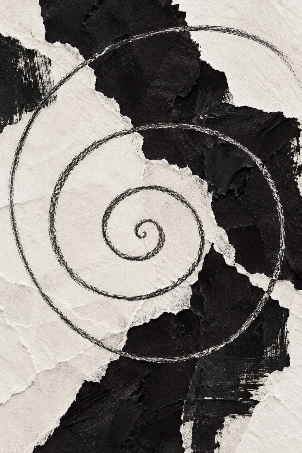 A spiral drawn in one breath in cream, black, charcoal, stone; portrait artwork.