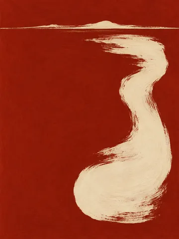 A single brushstroke column set off-center in rust, cream, ochre; portrait artwork.