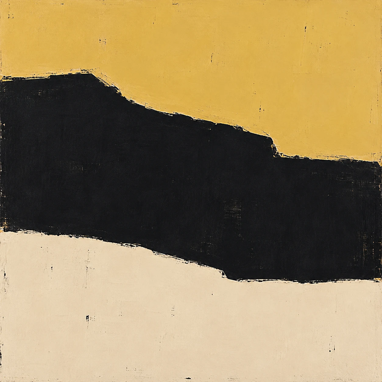 Three stacked horizontal bands with torn edges in black, cream, yellow; square artwork.