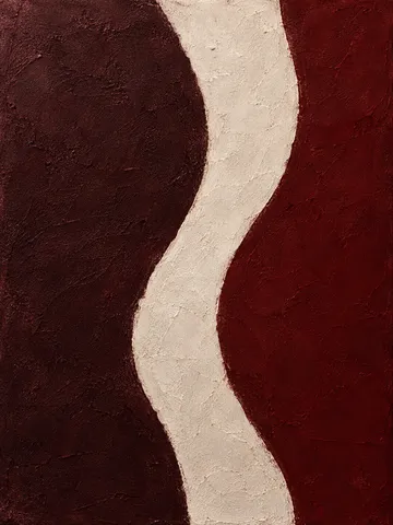 Three flowing vertical bands that bend like a slow current in black, stone, burgundy; portrait artwork.