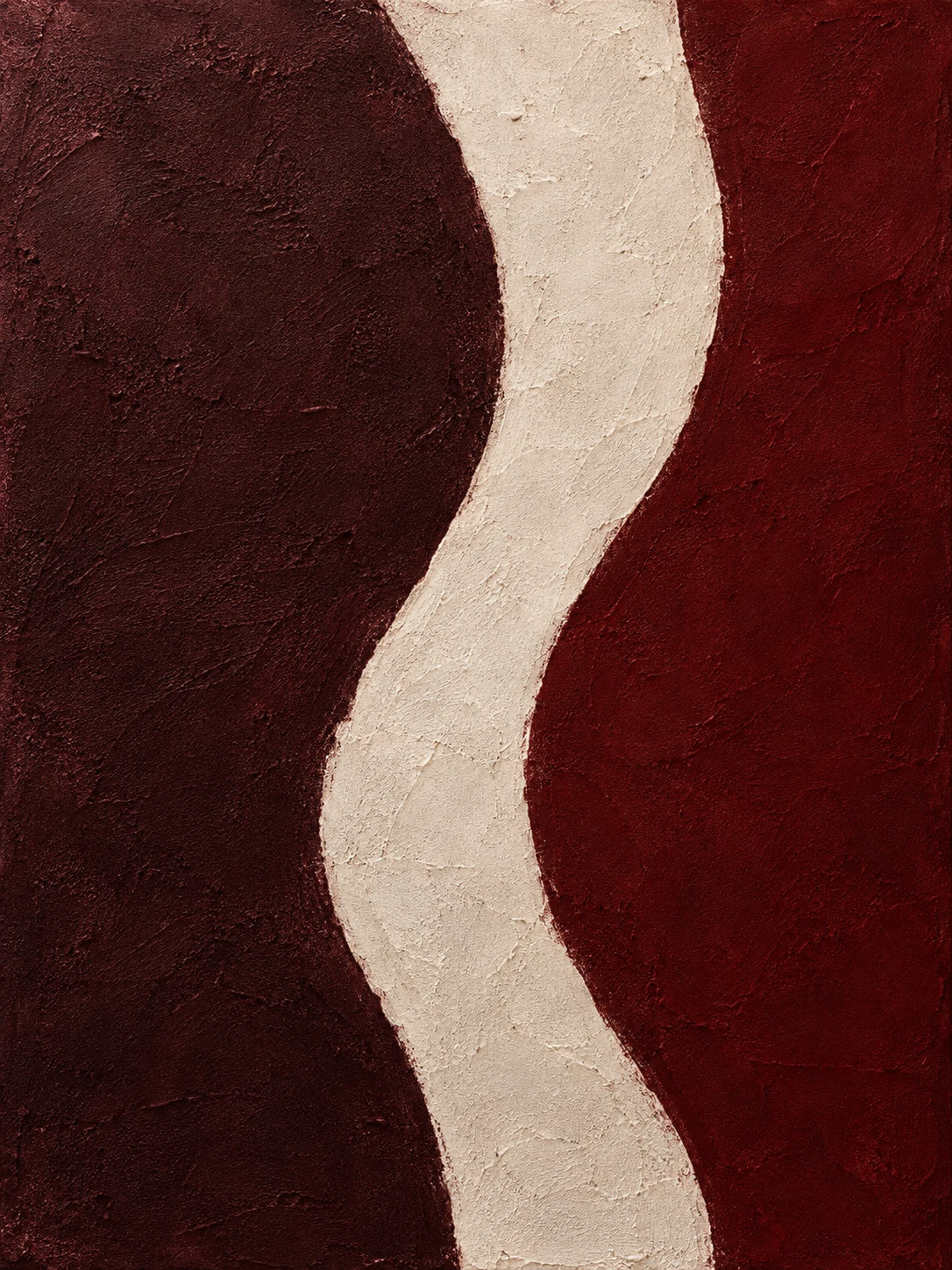 Three flowing vertical bands that bend like a slow current in black, stone, burgundy; portrait artwork.
