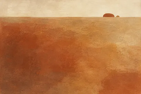 Two river-stone shapes, one large one small in ochre, terracotta, rust, cream; landscape artwork.