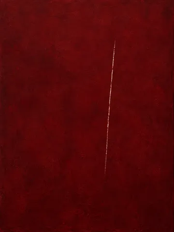 A single vertical scored line, slightly off-vertical in burgundy, black; portrait artwork.