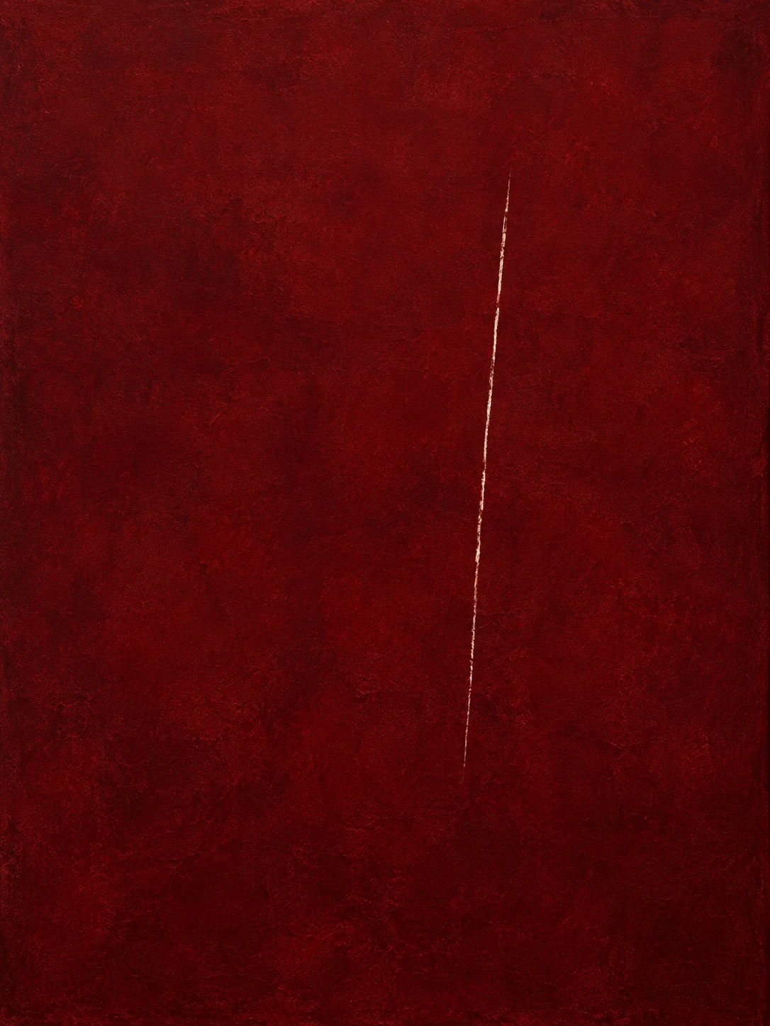 A single vertical scored line, slightly off-vertical in burgundy, black; portrait artwork.