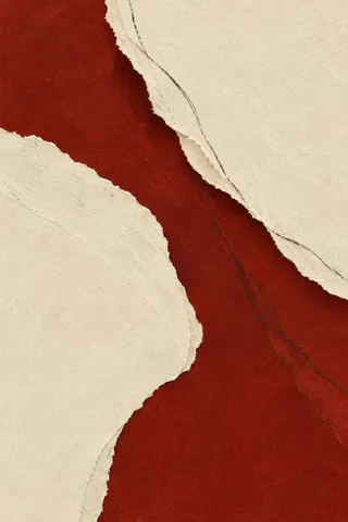 A torn edge revealing a darker layer beneath in cream, burgundy, rust; portrait artwork.