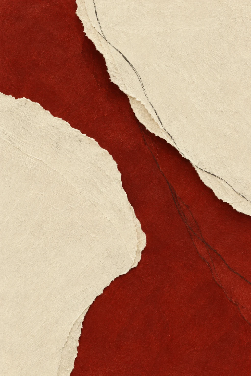 A torn edge revealing a darker layer beneath in cream, burgundy, rust; portrait artwork.