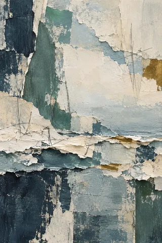 One heavy impasto band across the lower third in stone, gray, cream, navy; portrait artwork.