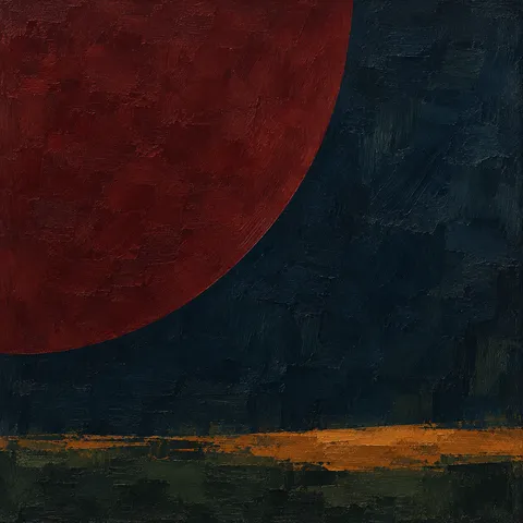 One oversized rounded form bleeding off two edges in black, burgundy; square artwork.