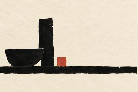 A low horizontal shelf shadow across the whole width in cream, black, white; landscape artwork.