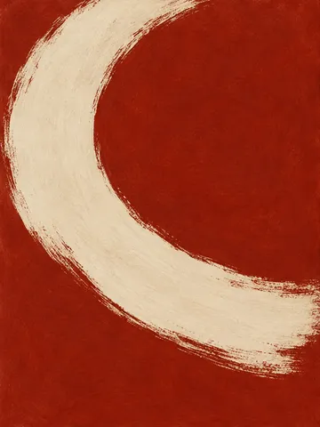 A single wide arc crossing the field in rust, cream, stone; portrait artwork.