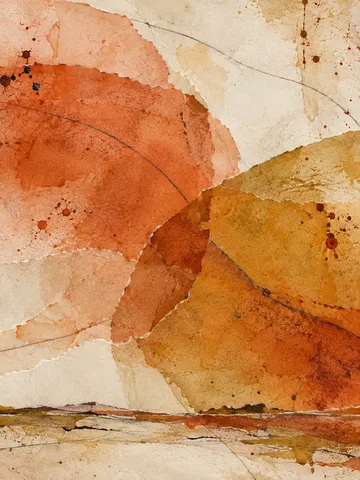 Two overlapping soft organic forms in terracotta, cream, sand, orange; portrait artwork.