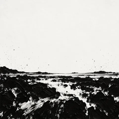 One heavy impasto band across the lower third in white, black, charcoal, cream; square artwork.