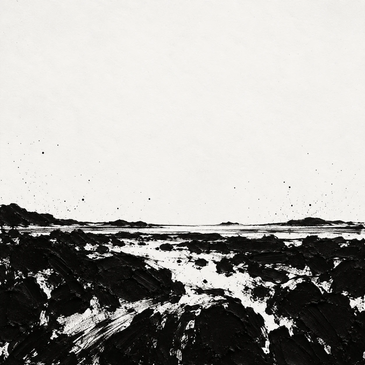One heavy impasto band across the lower third in white, black, charcoal, cream; square artwork.
