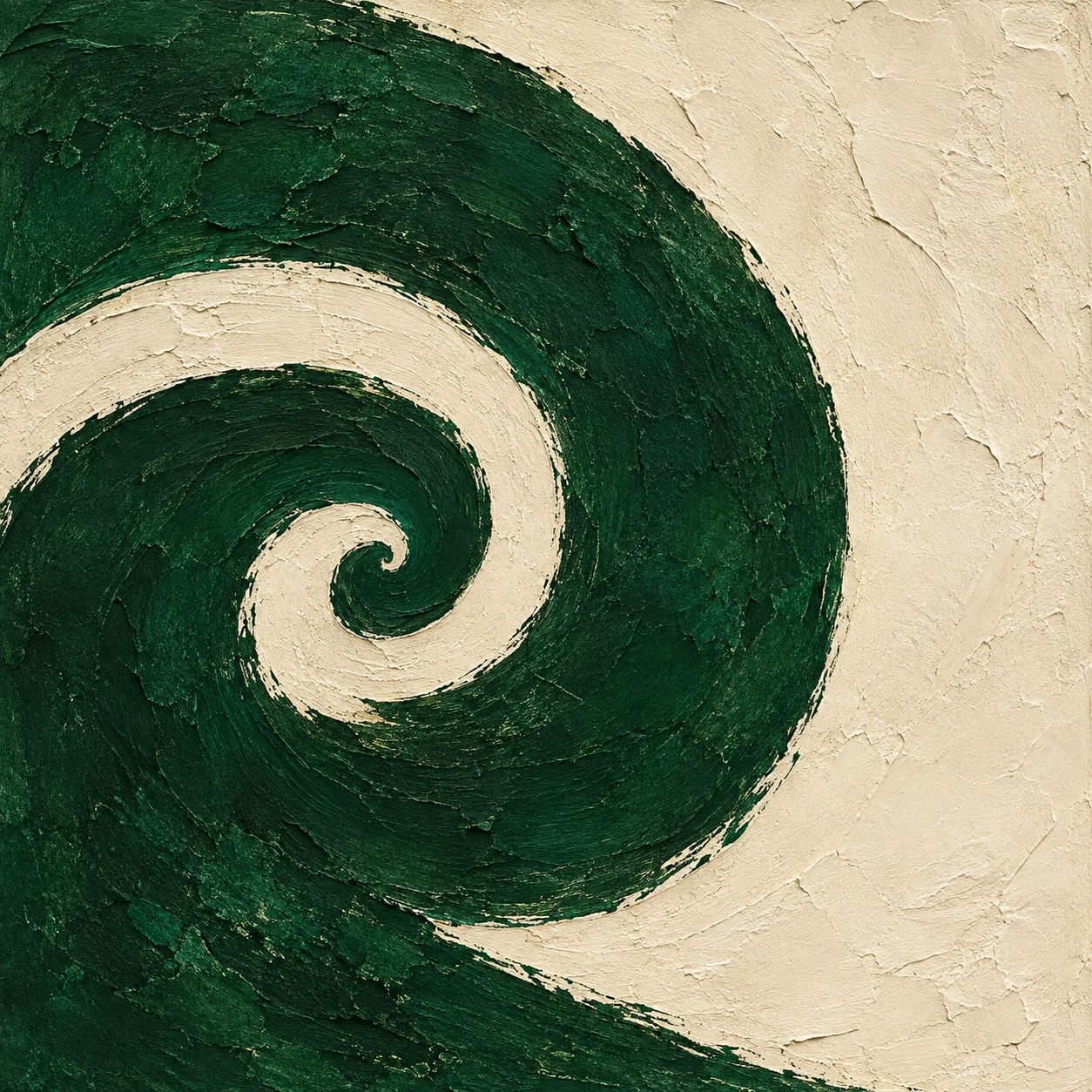 A spiral drawn in one breath in cream, forest green, black; square artwork.