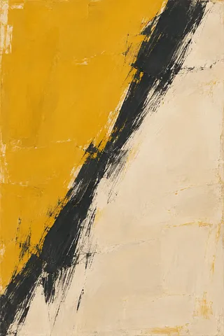 One bold diagonal split, two colors in cream, yellow, charcoal, orange; portrait artwork.