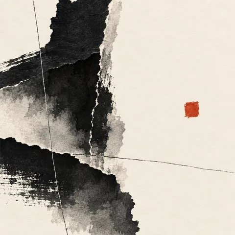 A lone small square floating in a vast field in white, black, charcoal, gray; square artwork.