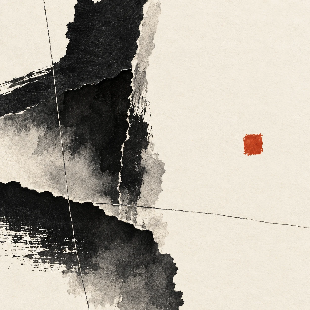 A lone small square floating in a vast field in white, black, charcoal, gray; square artwork.