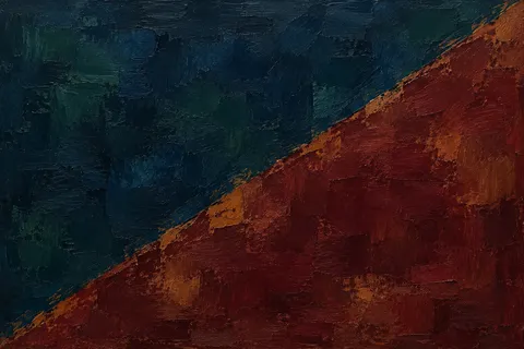One bold diagonal split, two colors in black, burgundy; landscape artwork.