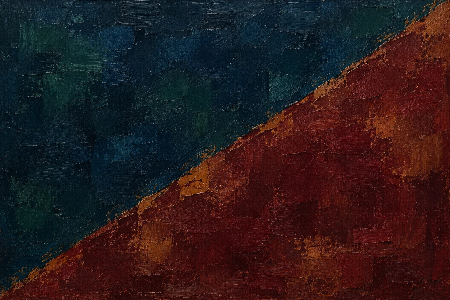 One bold diagonal split, two colors in black, burgundy; landscape artwork.