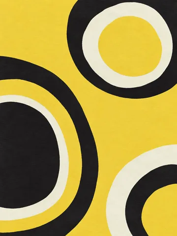Concentric soft rings, uneven in yellow, black, cream, sand; portrait artwork.