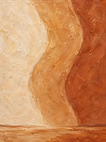 Three flowing vertical bands that bend like a slow current in cream, terracotta, orange, blush; portrait artwork.