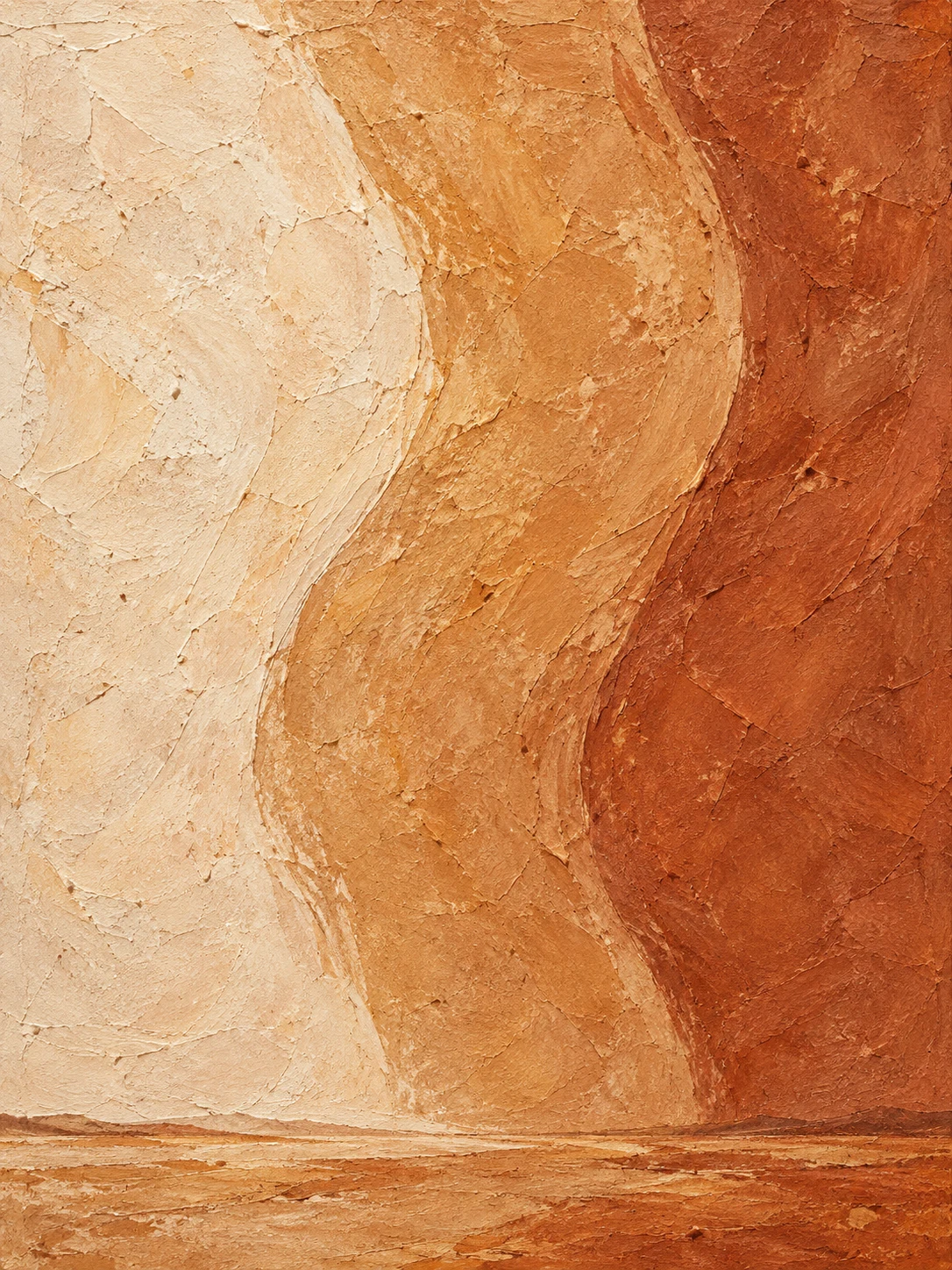 Three flowing vertical bands that bend like a slow current in cream, terracotta, orange, blush; portrait artwork.