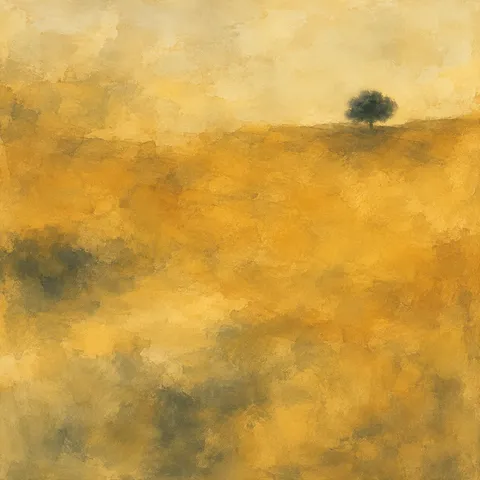 Small dark tree near the upper-right horizon above softly layered ochre and olive fields.
