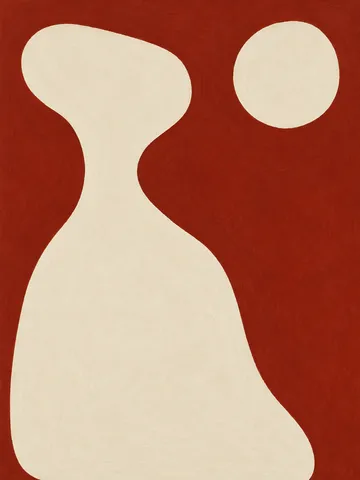 A monolith form standing left of center in cream, rust; portrait artwork.