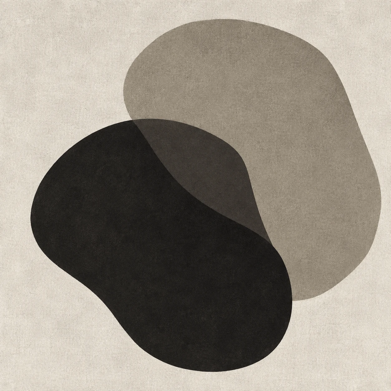 Two overlapping soft organic forms in cream, black, gray; square artwork.