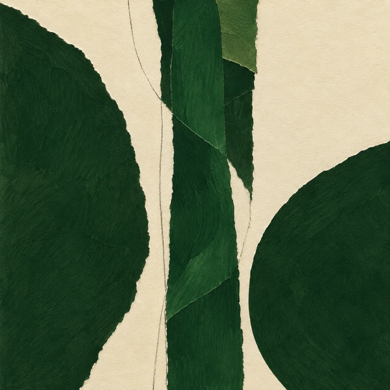 A single brushstroke column set off-center in forest green, cream, black; square artwork.