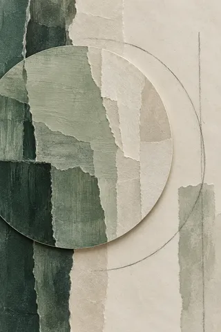 A large circle with a softly shaded edge, off-center in cream, charcoal, stone, sand; portrait artwork.
