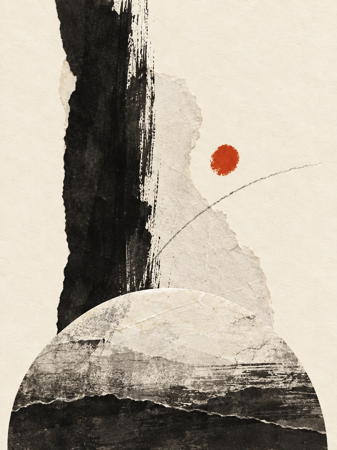 A half-moon rising from the bottom edge in white, cream, black, taupe; portrait artwork.
