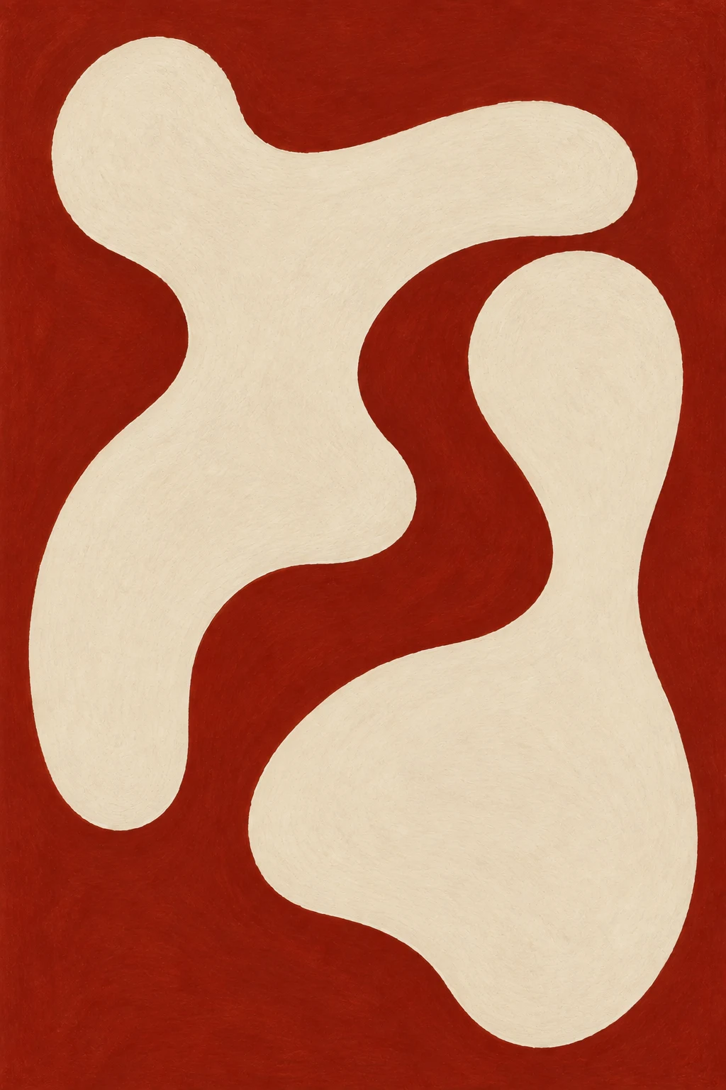 Two overlapping soft organic forms in cream, rust; portrait artwork.