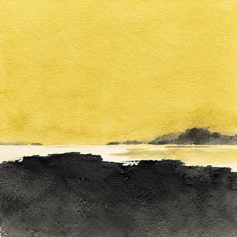 One heavy impasto band across the lower third in yellow, charcoal, black, cream; square artwork.
