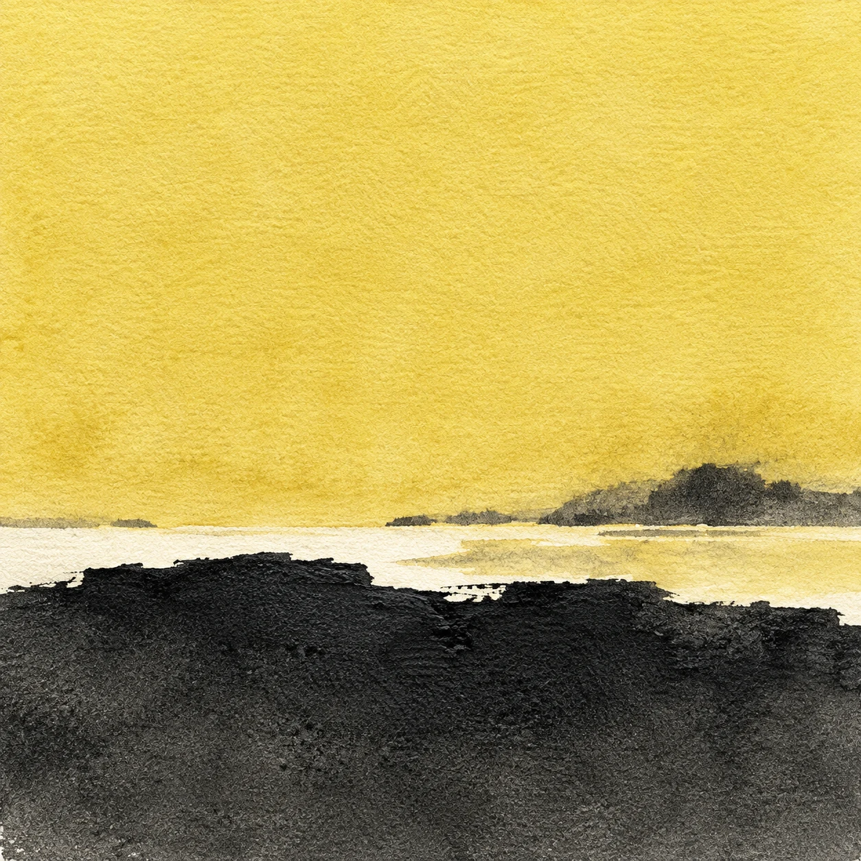 One heavy impasto band across the lower third in yellow, charcoal, black, cream; square artwork.