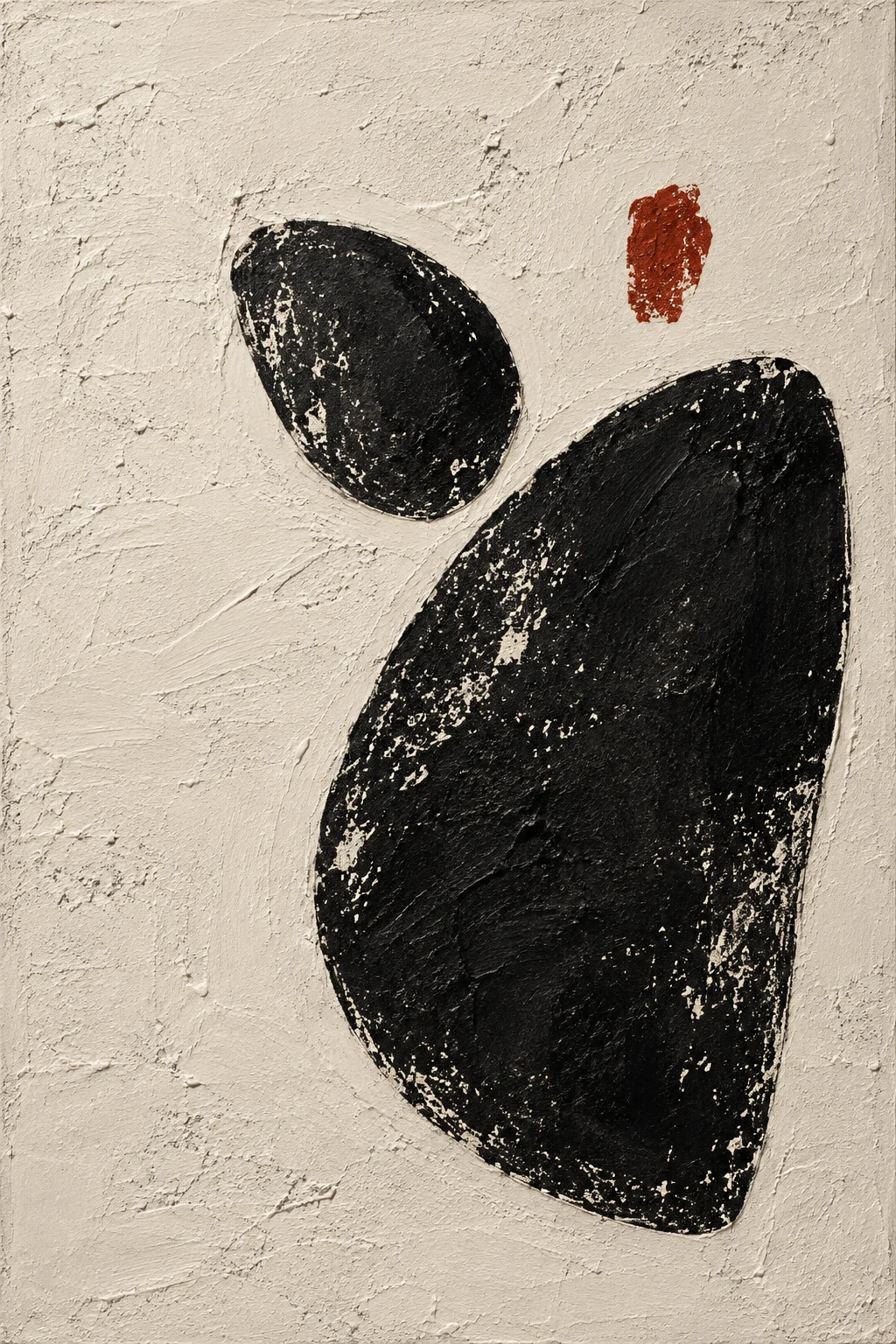 Two river-stone shapes, one large one small in cream, black, stone, olive; portrait artwork.