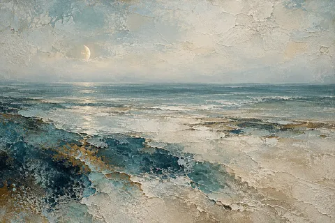 Small pale half-moon in the upper-left sky above layered blue-green waves and cream foam.