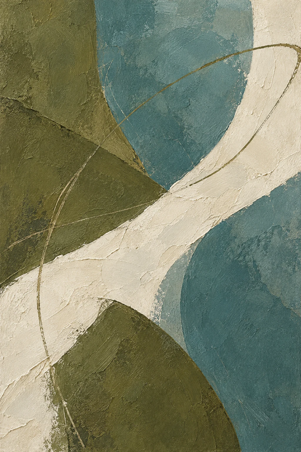One long confident sweep from lower left to upper right in olive, green, cream, brown; portrait artwork.