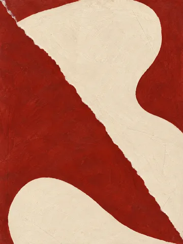 One bold diagonal split, two colors in cream, rust; portrait artwork.