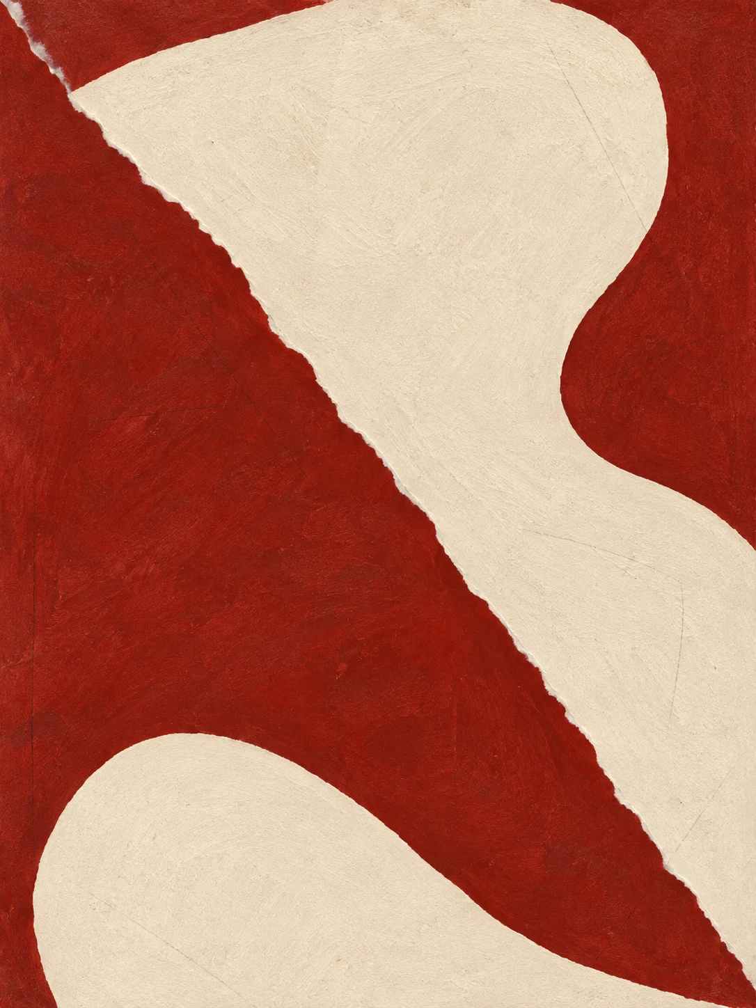 One bold diagonal split, two colors in cream, rust; portrait artwork.