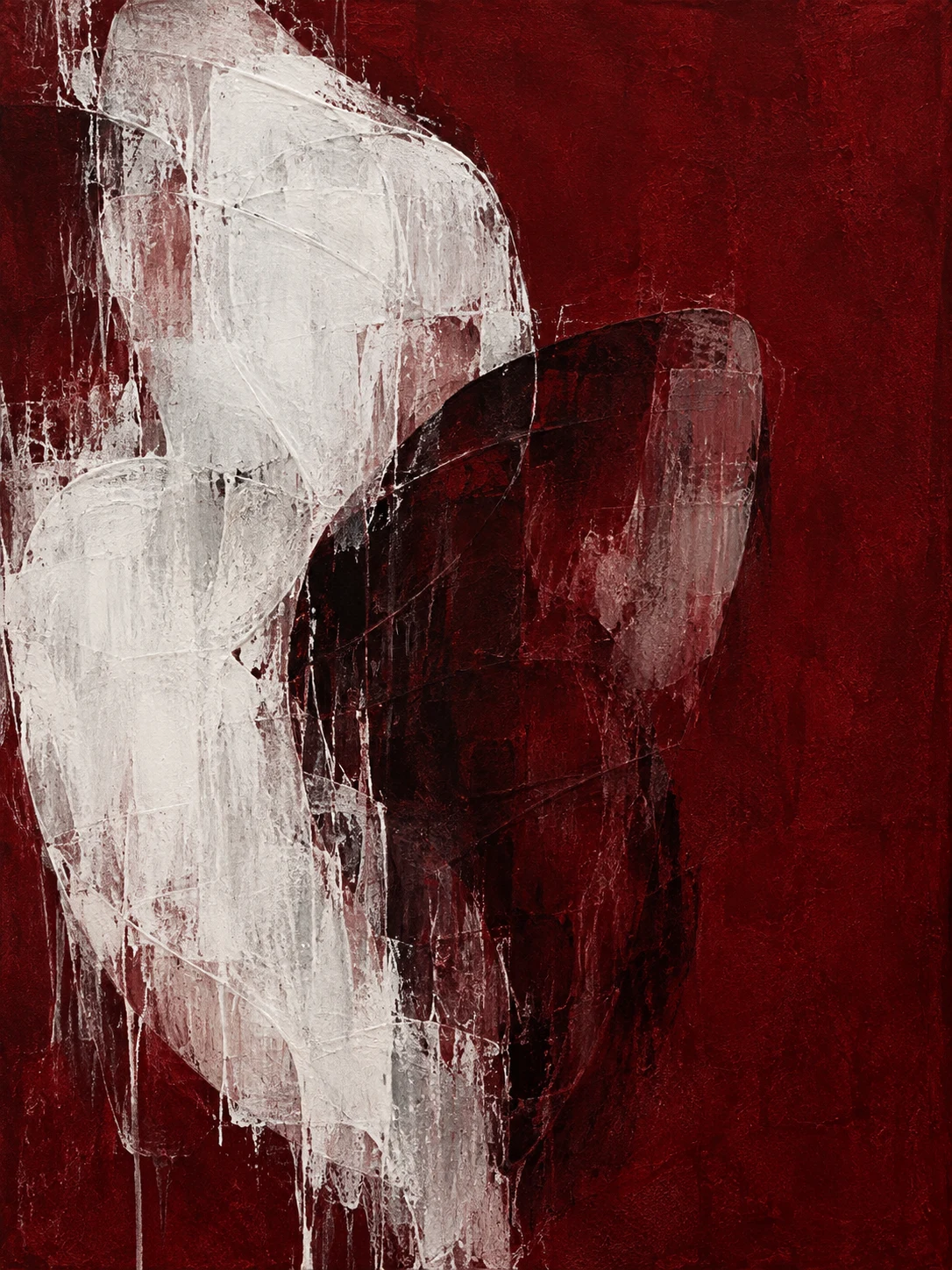 Two overlapping soft organic forms in burgundy, black, cream, stone; portrait artwork.