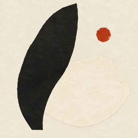 Two overlapping soft organic forms in cream, black, white; square artwork.