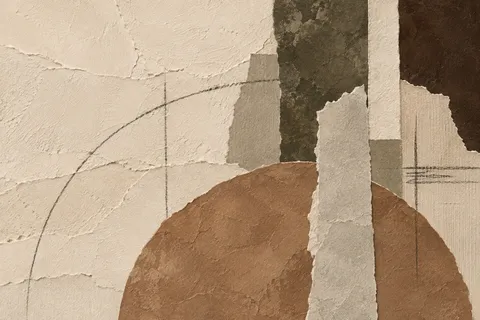 A half-moon rising from the bottom edge in cream, taupe, stone, sand; landscape artwork.