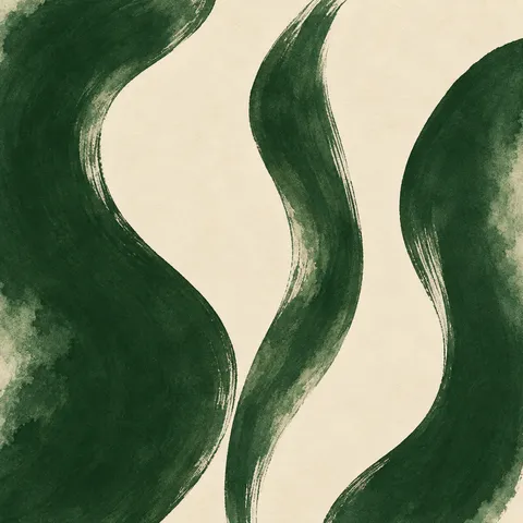 Three flowing vertical bands that bend like a slow current in forest green, cream, olive, stone; square artwork.