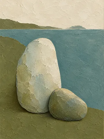 Two river-stone shapes, one large one small in olive, cream, taupe, blue; portrait artwork.