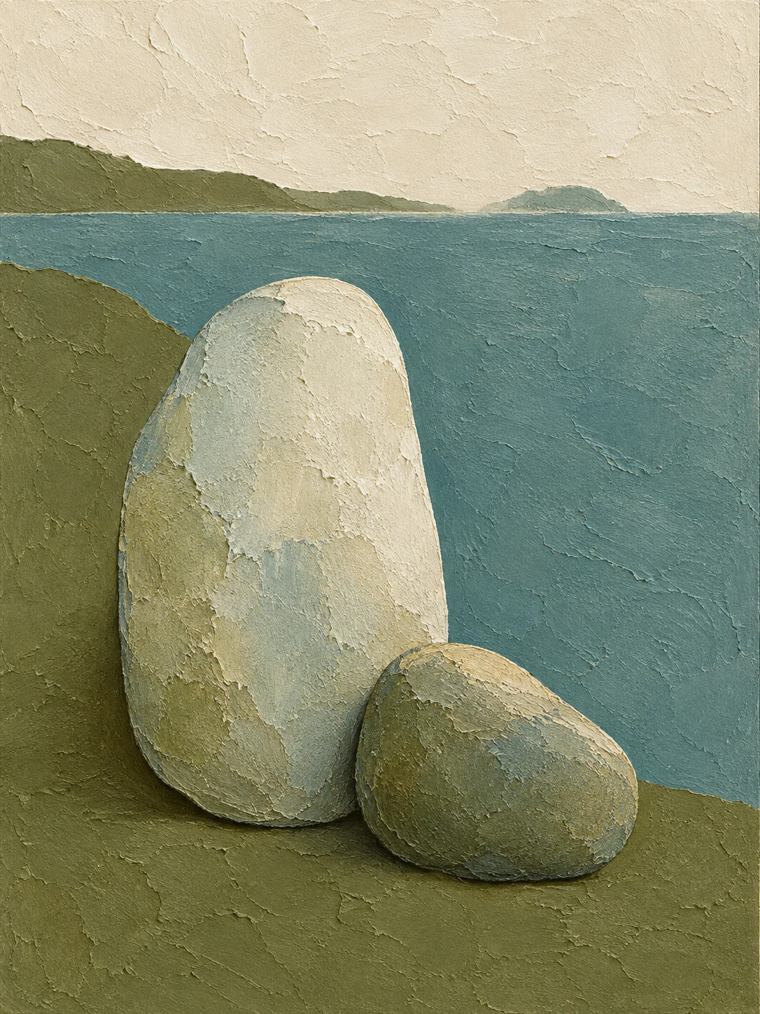 Two river-stone shapes, one large one small in olive, cream, taupe, blue; portrait artwork.