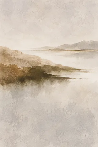 Layered translucent glazes with soft edges in cream, stone, taupe; portrait artwork.